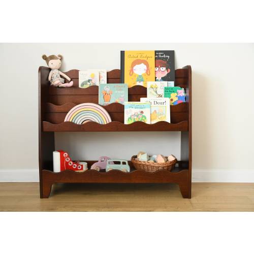 a front facing, Montessori bookcase for children, in dark brown stain