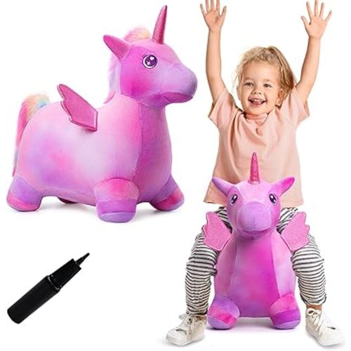 Unicorn Bouncy Horse Toys for 1 2 3 Year Old Girl Gifts, Plush Unicorn Ride On Bouncy Animal for Toddlers 1-3, Indoor Outdoor Inflatable Hopping Toys for Girl Birthday Gifts (Pump Included)