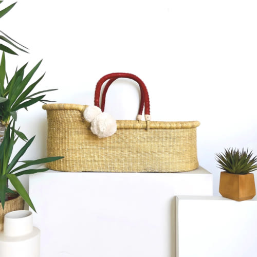 Natural <br> African Moses Basket <br> Cognac + Cream Handle