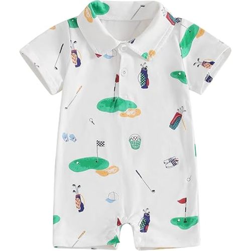 Baby Boy Golf Outfit Newborn Golf Cart Embroidery Polo Romper Shirt Button Down Collared Jumpsuit One Piece Outfits