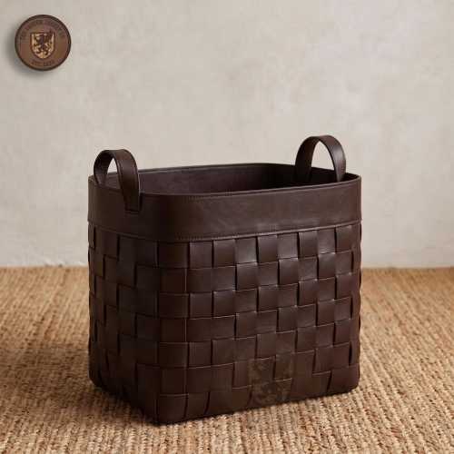 Woven Leather Storage Basket, Handcrafted Brown Organizer Bin, Minimalist Home Decor