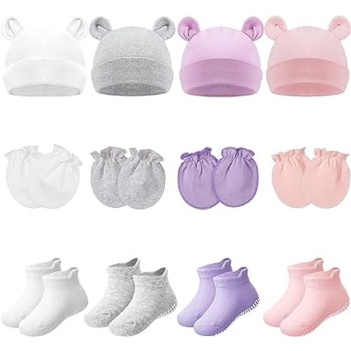 4 Sets Newborn Baby Hat and Mittens Toddler Beanie Cap Non Slip Socks for 0-6 Months