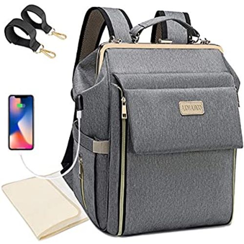 Diaper Bag Backpack Waterproof Travel Back Pack Multifunction Maternity Baby Bags Large Capacity Nappy Bags with Changing Pad, Insulated Pocket, USB Charging Port, Stroller Straps, Grey - Grey Diaper Bag