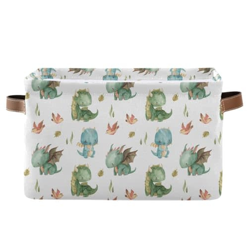 xigua Cute Dragon Storage Basket Collapsible Toy Storage Bins Waterproof Canvas Storage Basket with Leather Handles for Home Closets Offices,Bedrooms,Toy and Gift Baskets,1PCS