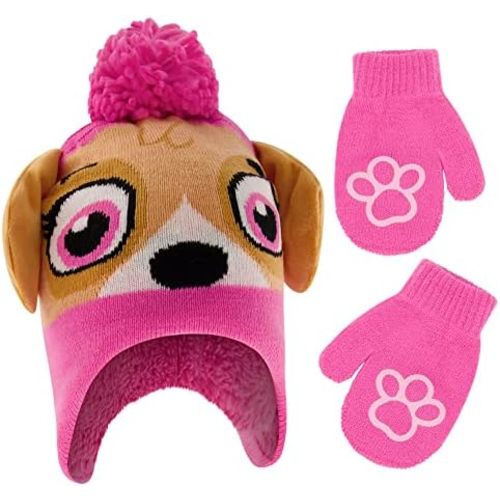 Nickelodeon girls Winter Hat and Mittens Set, Paw Patrol's Marshall, Chase and Skye Toddler Beanie for Ages 2-4