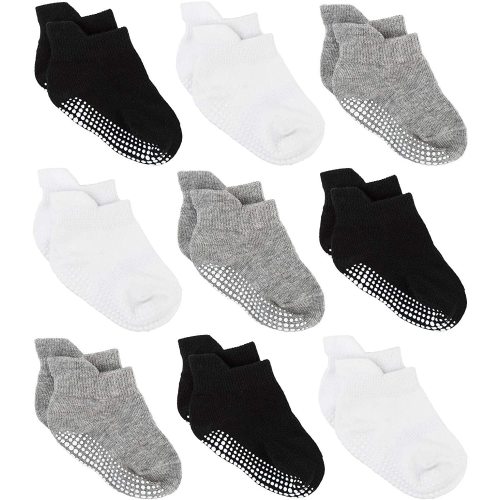 Zaples Baby Non Slip Grip Ankle Socks with Non Skid Soles for Infants Toddlers Kids Boys Girls - Assorted - 9 Pairs - 1-3T