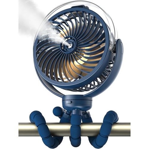 Misting Stroller Fan, 6000mAh Battery Operated Portable Fan with Light & 360° Pivoting, Personal Cooling Fans with Flexible Tripod for Baby, Office, Travel,Treadmill,Outdoors (Dark Blue)
