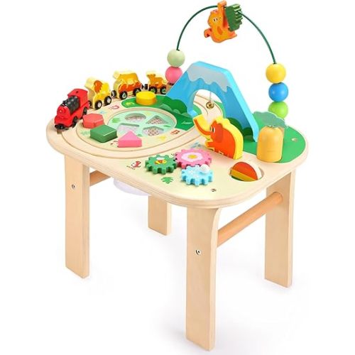 oathx Activity Table for 1 Year Old Toddler, 9-in-1 Multi-Colorful Wooden Montessori Toys, Baby Play Table with Bead Maze Shape Sorter Train Toy, Educational Gifts for 12 Months+ Kids Boys Girls