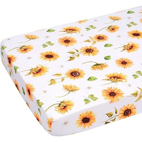 JISEN Baby Crib Sheet 1 Piece Portable Fitted Crib Sheet for Standard Crib and Toddler Mattresses Nursery Bed Decor for Boys Girls 28x52 Inch Sunflowers