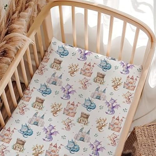 Unisex Cute Dragons Castles Leaves Pattern Baby Fitted Crib Mattress Sheets, Breathable Dragons Print Crib Sheets, Standard Crib & Toddler Mattress, 28 * 52 inches