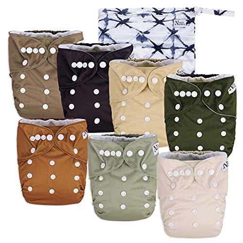 Nora's Nursery Cloth Diapers 7 Pack with 7 Bamboo Inserts & 1 Wet Bag -  Waterproof Cover, Washable, Reusable & One Size Adjustable Pocket Diapers  for