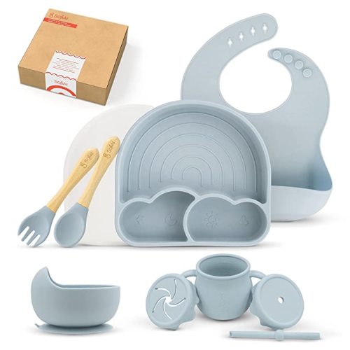 Baby Led Weaning Supplies, Silicone Baby Feeding Set, First Stage Baby Eating Set, Suction Bowl Divided Plate Bib Spoon Fork Straw Sippy Cup, Toddler Self Feeding Utensils, Dish Set 6-12 Months - Dusty Blue