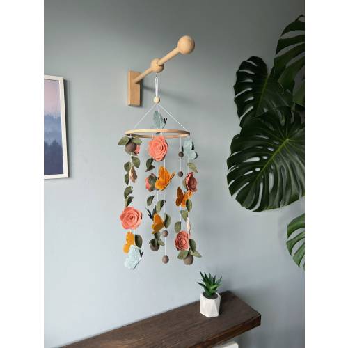 Flowers baby mobile, Butterfly crib mobile, green floral baby mobile, hanging felt mobile, cot mobile for baby girl, flowers nursery decor