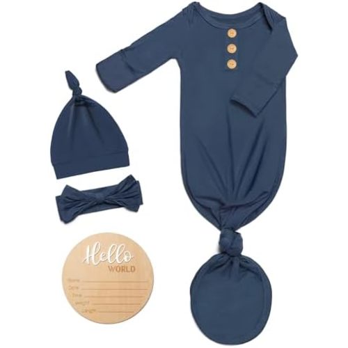 Soft Baby Knot Gown 0-3 Months, Newborn Announcement Sleepers With Mitten Cuffs and Personalized Wooden Name Tag