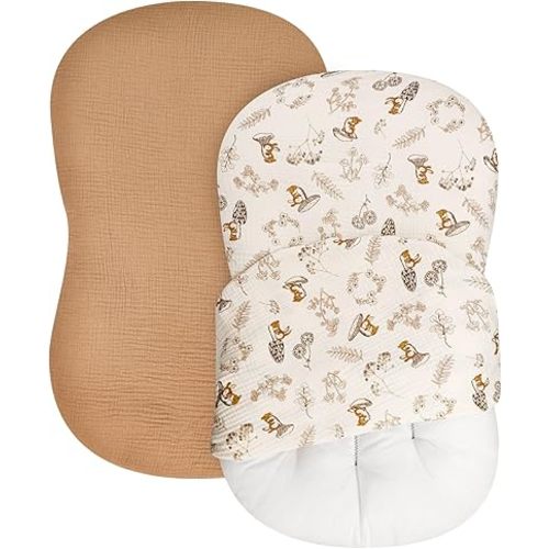 TANOFAR Muslin Baby Lounger Cover 2 Pack, Organic 100% Cotton Removable Slipcover for Newborn, Baby Padded Lounger Infant Floor Seat Cover Boys Girls, Soft and Breathable, Brown & Squirrels