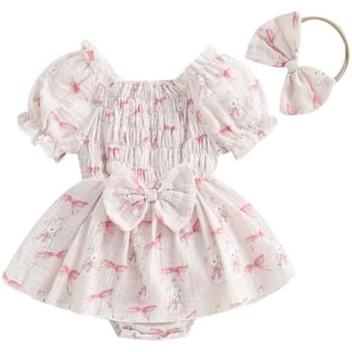 Aopwsrlyi Newborn Baby Girl Easter Outfit Short Puff Sleeve Smocked Bubble Romper Dress Bodysuit with Bow Headband
