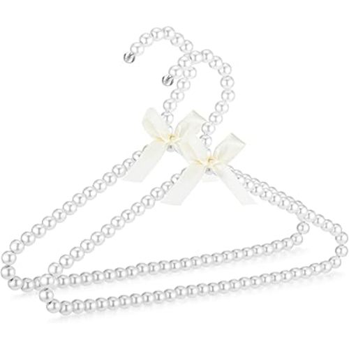 Threan White 2 Pcs Pearl Beaded Clothes Hanger Mini Pearl Beads Small Metal Clothes Hangers with Ribbon Standard for Kids Baby Children Pet Dog