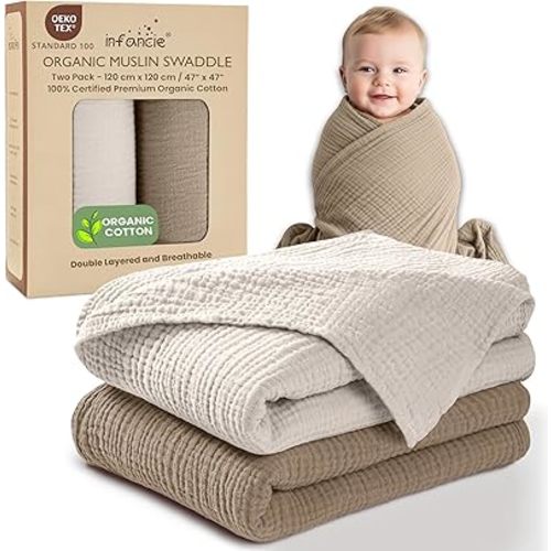 Organic Cotton Muslin Baby Blanket - 47x47 Inch Breathable Swaddle, Hypoallergenic Double-Layer, Versatile Use (Olive/Ivory, 47x47 Inch)