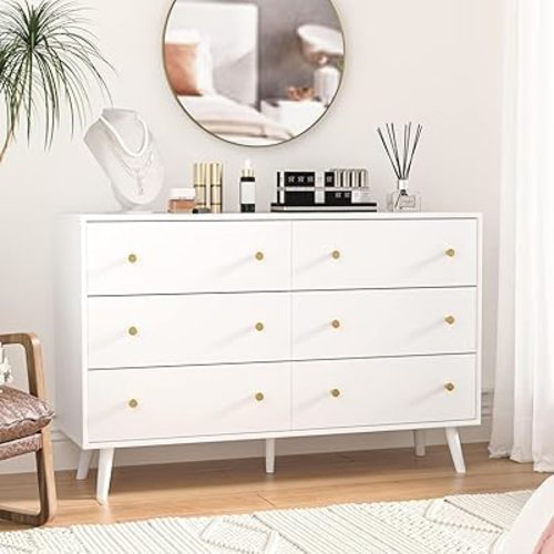 SINROM® White Dresser for Bedroom, White and Gold Dresser with Gold Handles, Wide Wood 6 Drawers Dressers for Bedroom