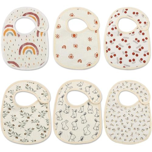 LittleCheek Organic Muslin Bibs, Baby Drool Bibs for Girls Boys, Soft Lap-shoulder Waterproof Snap Bibs for Teething