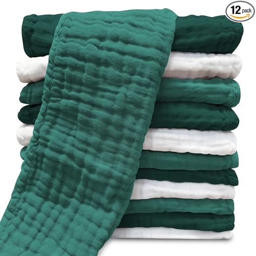 Muslin Burp Cloths for Baby 100% Cotton Burping Cloths for Unisex, Boy, Girl - Large 20'' by 10'' Newborn Essentials Ultra Soft Absorbent Milk Spit Up Rags - 12 Pack - White+Deep Emerald Series