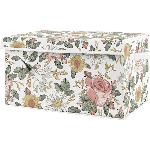 Sweet Jojo Designs Vintage Floral Boho Girl Small Fabric Toy Bin Storage Box Chest For Baby Nursery or Kids Room - Blush Pink, Yellow and Green Shabby Chic Rose Flower Farmhouse