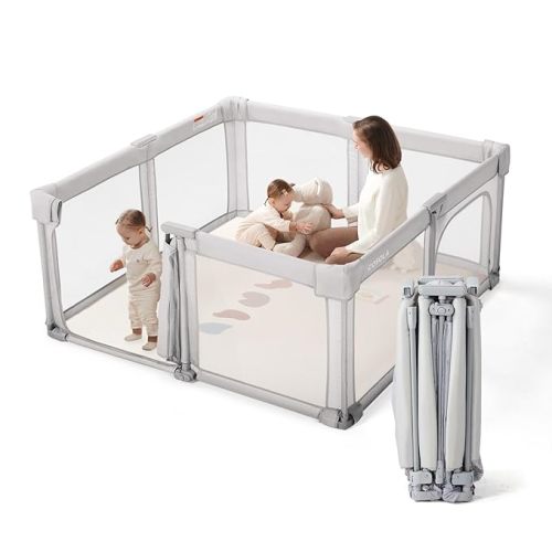 Baby Playpen Portable, Pre-Assembled Play Pen 59x59 Large Foldable Playpen for Babies and Toddlers, Sturdy and Safe Toddler Play Yard Indoor Outdoor with Carry Bag,Light Grey