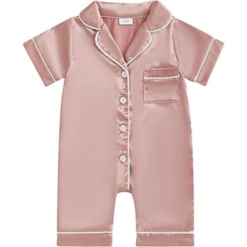 Kuriozud Baby Girl Boy Silk Pajamas Summer Pjs Stain Onesie Romper One-Piece Jumpsuit Lapel Button Down Sleepwear 0-24M