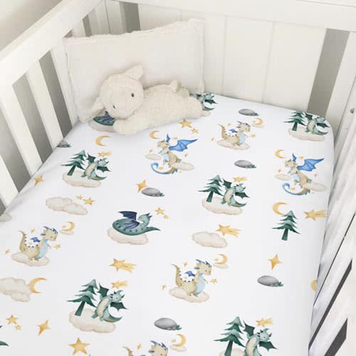 Cartoon Fairy Tale Dragon Moon Stars Clouds Trees Baby Crib Sheets 52''x28'' Watercolor Dragons Stretchy Fitted Crib Mattress Cover for Boy Girl Soft Bed Sheet for Standard Crib Toddler Mattress
