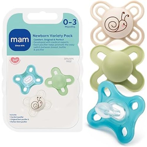 MAM Pacifier 0-3 Months Variety Set, 1 Comfort, 1 Perfect Start, 1 Original Start, Developed with Medical Experts Specially for Smaller Newborn Mouths, BPA-Free Silicone Nipple, 3Pk, Made in Europe