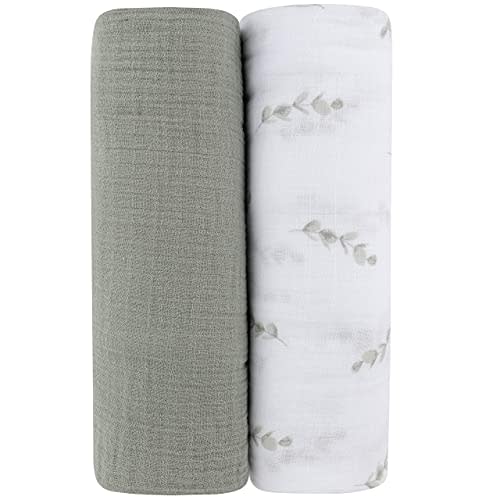 Ely's & Co. Muslin Swaddle Blanket 2-Pack — 100% Cotton Muslin Extra-Large Swaddle Blankets (47” x 47”) Watercolor Eucalyptus Print & Solid Sage