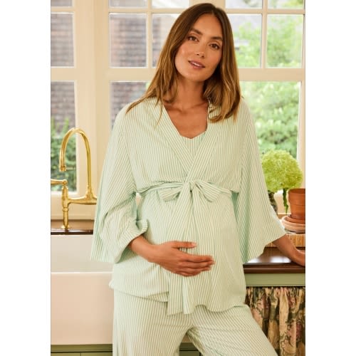 LAKE | Women | DreamModal Pajamas | Parisian Green Pencil Stripe Maternity Kimono Bundle