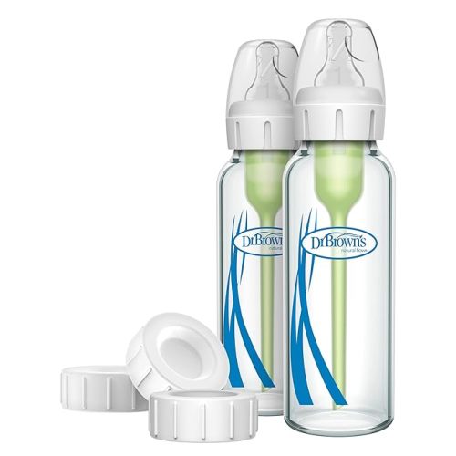 Dr. Brown's Natural Flow Anti-Colic Options+ Narrow Glass Baby Bottle 8 oz/250 mL & Travel and Storage Baby Bottle Caps for Natural Flow and Options+ Baby Bottles - 3-Pack - Narrow