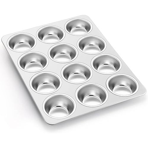 P&P CHEF Muffin Pan Cupcake Baking Pan Set, Stainless Steel Muffin Tin Tray for Mini Cake Tart Quiche, Oven & Dishwasher Safe, Non-toxic & Heavy-duty, (12 Cup, 1Pc)