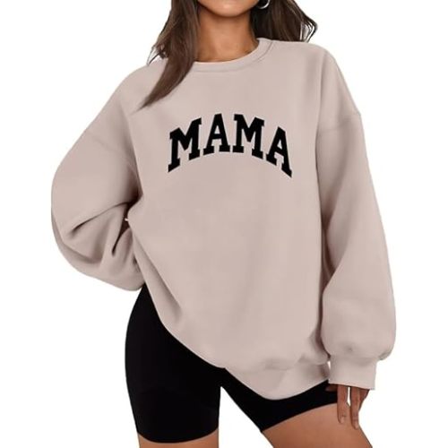 LEEDYA Women Long Sleeve Mama Sweatshirts Oversized Crewneck Pullover Hoodies Casual Knit Graphic Mom Tops Sweater