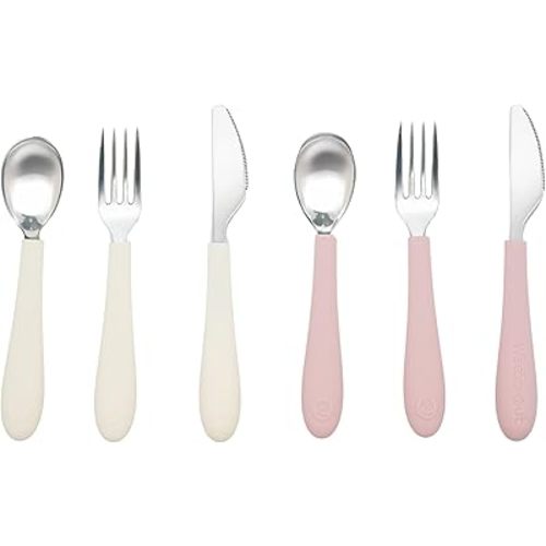 Kids Stainless Steel Utensils Set - Premium 18/8 Grade Silverware Kit - 2 Spoons, 2 Forks, and 2 Knives for Ages 4-7 - Silicone Easy-Grip Handles - Children Flatware Cutlery (Matte - Pink, Off White)