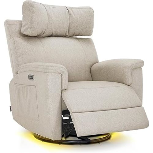 MCombo Oversized Swivel Glider Rocker Recliner with Adjustable Headrest, Dual Motor Power Recliner for Nursery, Led Nightlight, Fabric PR601 (Beige)