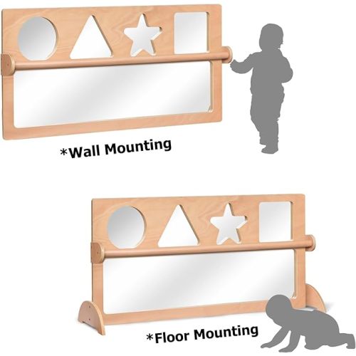 Baby Early Learning Shatter-Resistant Safety Mirrors w/Pull Up Bar, Infants Exploration Set, Toddlers Montessori Classroom Furniture for Daycare, Preschool and Nursery (Natural, Standard)