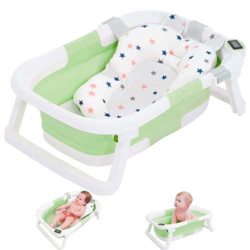 iBabymax Foldable Baby PP+TPE Bathtub with Soft Cushion&Thermometer for 0-36 Months Toddler Green