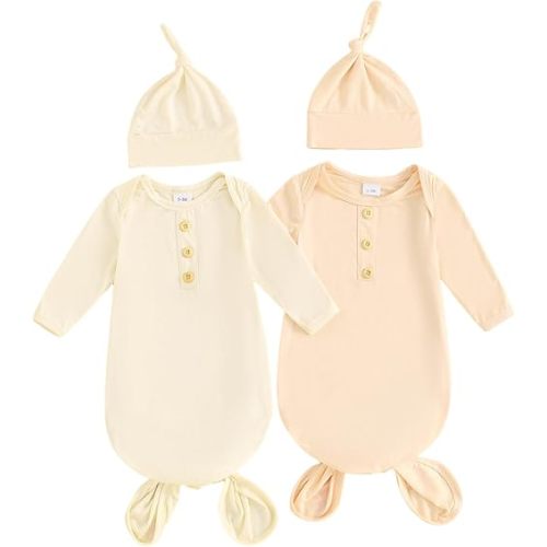 Newborn Knotted Gown 2 Pack Plain Sleeper for Baby Boy Girl Coming Home Outfit