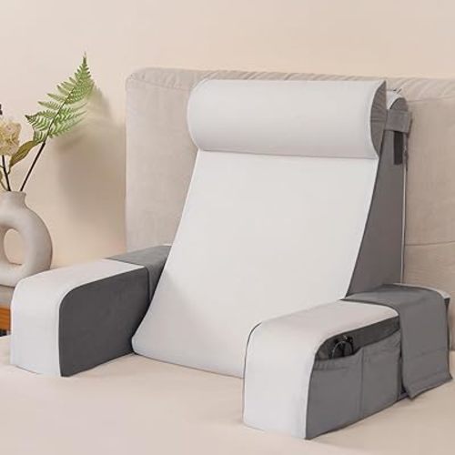 Vekkia Reading Pillow with Arms, Headrest & Extra-Large Side Pockets – Zoned Foam Support, Removable Cover – Back Support Chair for Reading, Gaming, Watching TV & Resting in Bed or Floor (21", Gray)