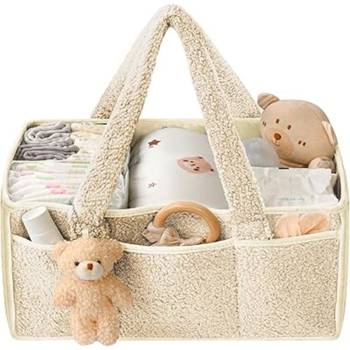 Diaper Caddy Organizer with Handle - Portable Baby Essentials Basket for Changing Table, Nursery & Travel | Diaper Storage Organizer for Newborns & Infants (Beige)