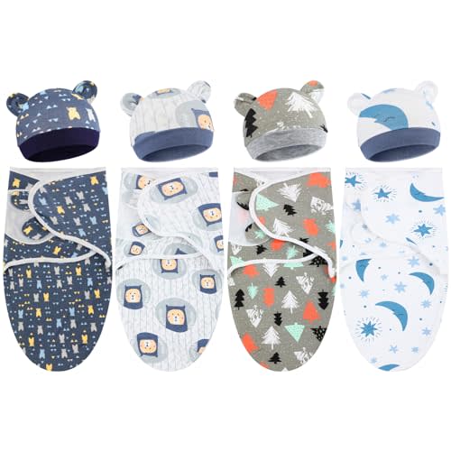 Buryeah 4 Pack Preemie Swaddle Blanket Wrap Set with Hat for Baby Boys Girls 3-7 Lbs Preemie Newborn Clothes Sleepers Cap