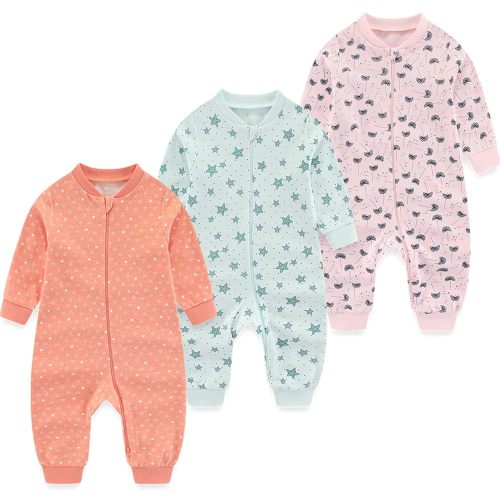 Newborn Baby 2-way Zipper Romper Cotton One-piece Jumsuit 3-pack, 0-24 Months