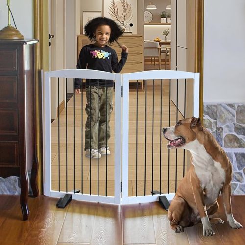ZJSF Freestanding Panel Dog Gate for Indoor, Doorways,Stairs, or Hallways,Foldable Wooden White Dog Gates for House,Pet Gate for Dogs,Dog Fence, Puppy Gate,Support Feet Included, 32 "Height-2 Panels