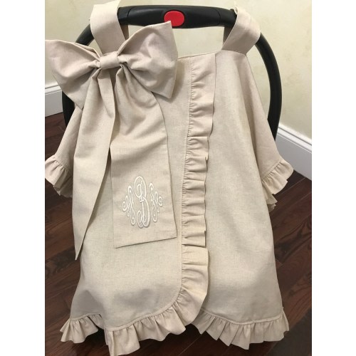 Natural Linen Blend Personalized Car Seat Canopy with Large Bow and Ruffle, Monogrammed Car Seat Tent, Baby Shower Gift