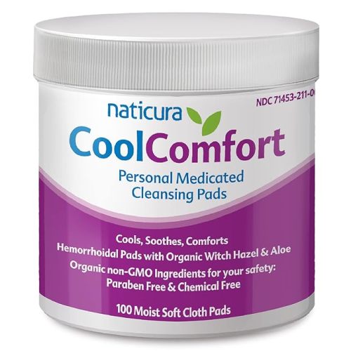 CoolComfort Personal Cleansing Pads with Organic Witch Hazel and Aloe Vera - All-Natural and Fast Acting Wipes for Hemorrhoid Burning, Itching, Pain and Swelling - 100 Pads - No Parabens