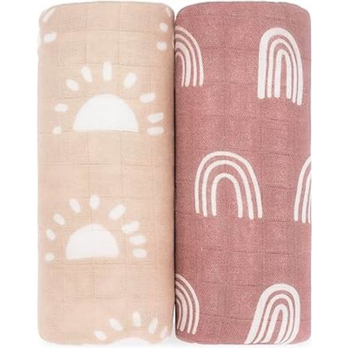 Comfy Cubs 2 Pack Muslin Swaddle Blankets Neutral Receiving Blanket Swaddling, Wrap for Boys and Girls, Baby Essentials, Registry & Gift (Sun and Rainbow)