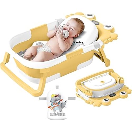 Collapsible Baby Bathtub for Newborns to Toddler with Real-time Temp Monitor & Floating Cushion,Portable Travel Tub Foldable Baby Bath Tub for Infants (Yellow)