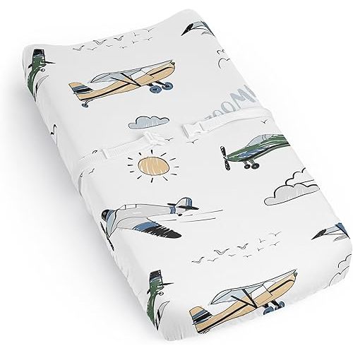 Sweet Jojo Designs Vintage Airplane Boy Baby Changing Pad Cover Sheet Infant Newborn Diaper Table Change Mat Cover Grey Green Blue White Yellow Airplanes Plane Transportation Clouds Sun Sky Aviator